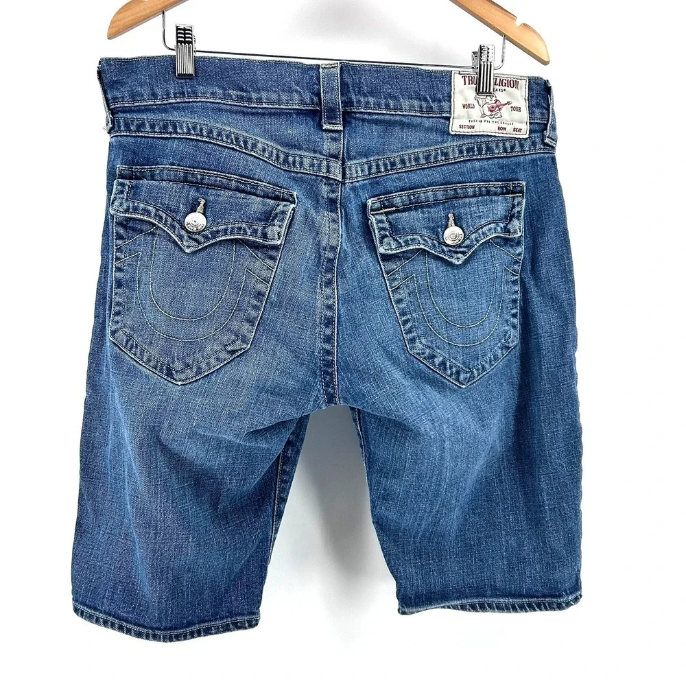 True Religion Geno Relaxed Slim Mens Denim Shorts Blue Size 36 Flap Pockets